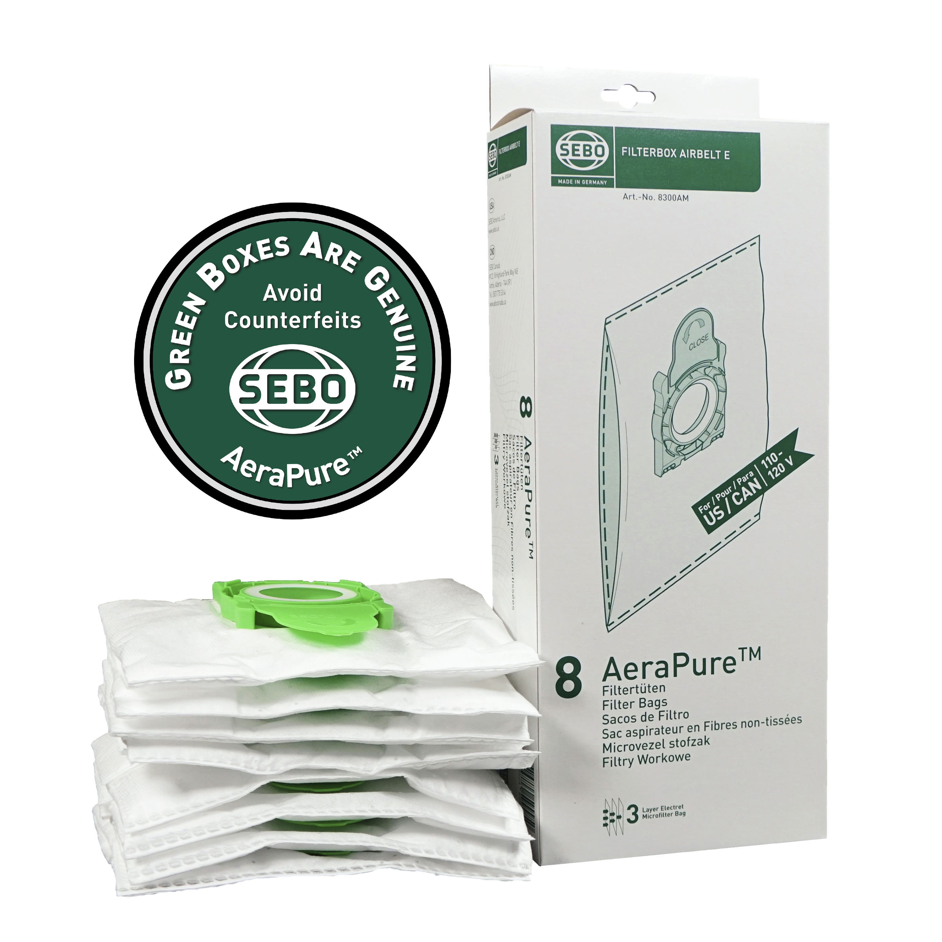 Filter Bag Box AIRBELT E (1 piece), 8 three-layer AeraPure Bags with caps per box 