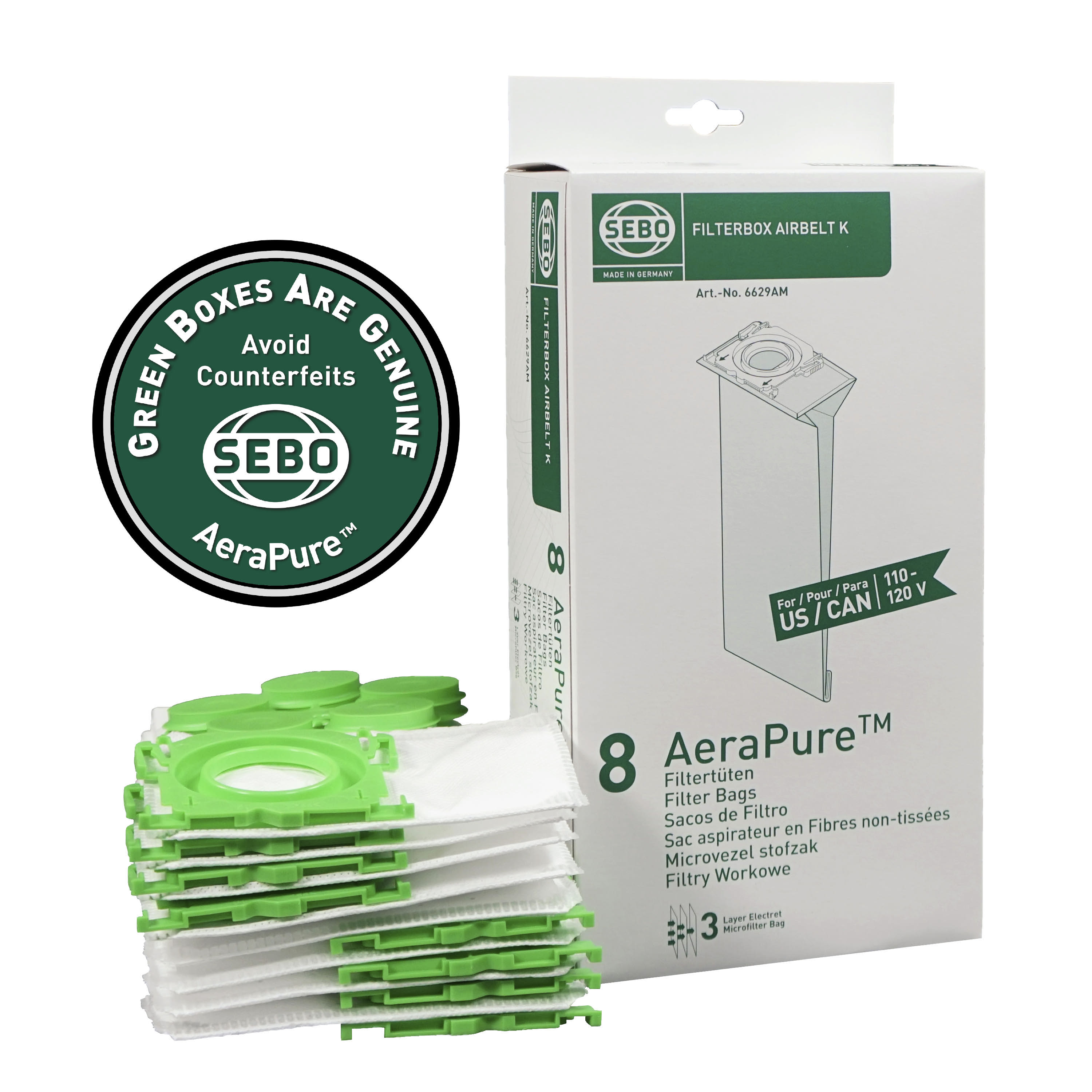 Filter Bag Box AIRBELT K (1 piece), 8 three-layer AeraPure Bags with caps per box 