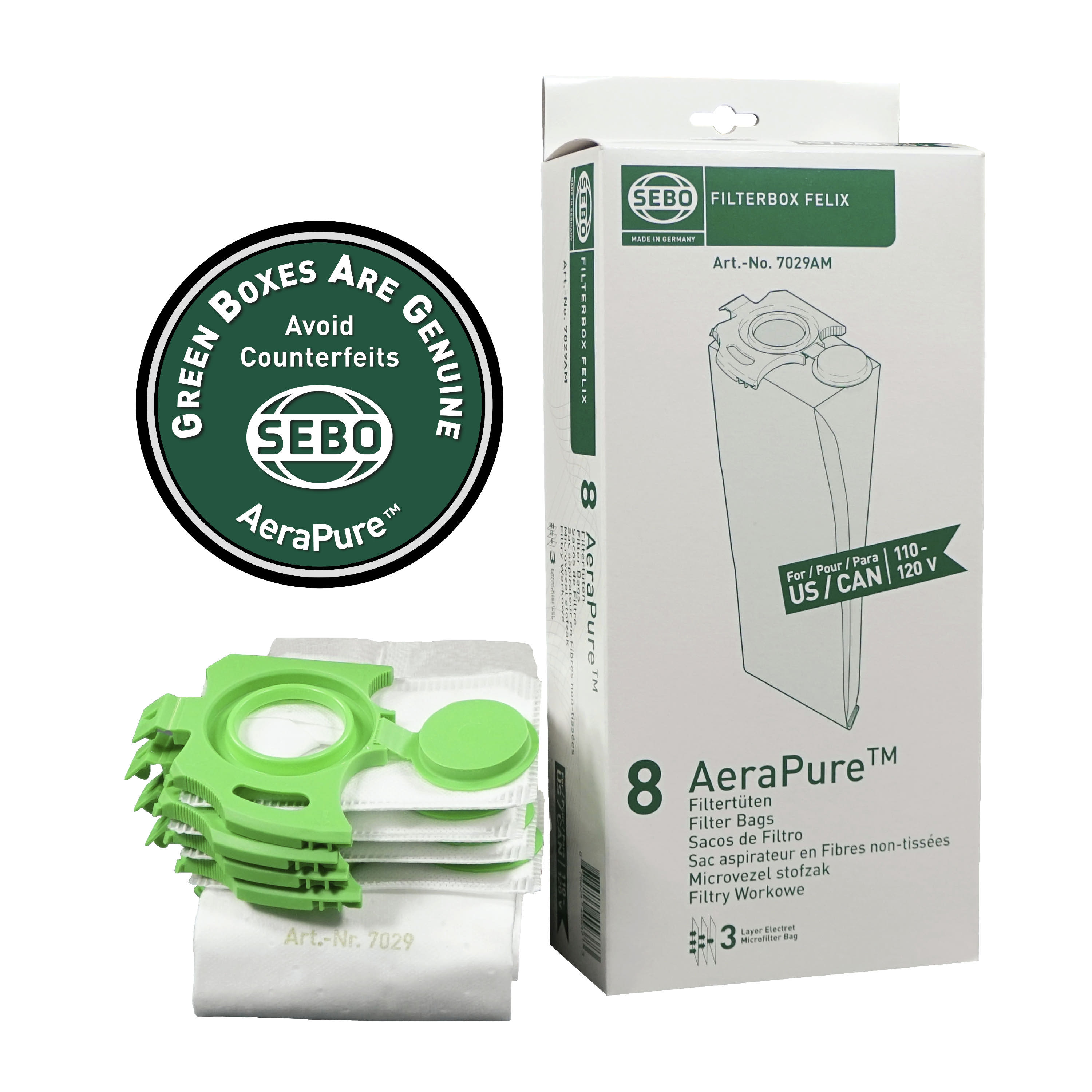 Filter Bag Box FELIX and DART (1 piece), 8 three-layer AeraPure Bags with caps per box 